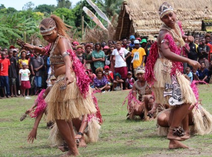 Faeni dancers in action at Kokopo, Papua New Guinea. Photo credit: George Hermings.